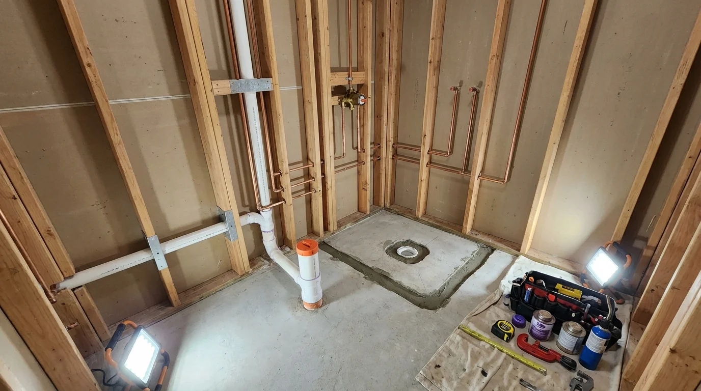 Bathroom rough-in plumbing during remodel by Johns Plumbing LLC in Dunkirk