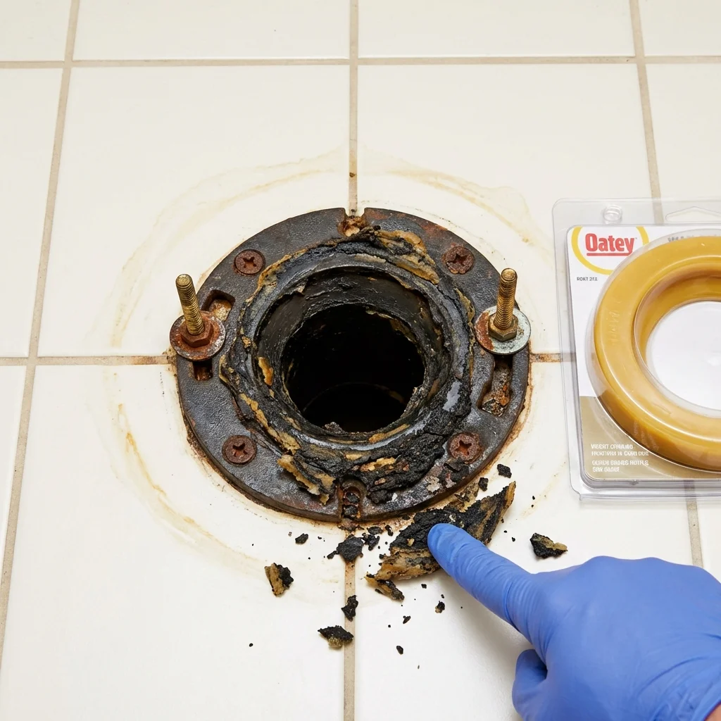 Failed wax ring showing water seepage at the base of a toilet in a Dunkirk, NY home