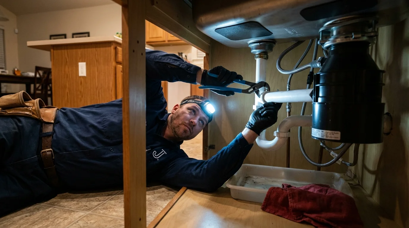 P-trap and supply line connections under a kitchen sink showing a common leak point in Dunkirk, NY